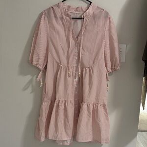 Boutique Pink & White Striped Button-Front Tiered Dress